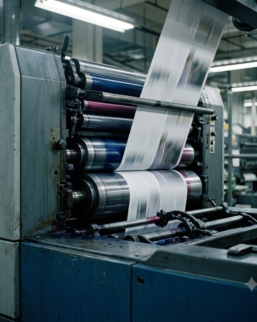 Printing press in operation at Blossom Printing